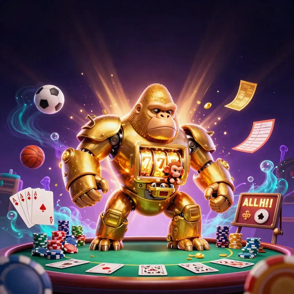 Golden gorilla mech with tiny monkey pilot amid casino items, neon god-rays and treasure burst.