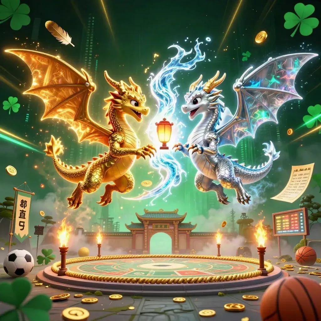 Gold and silver dragons clash mid-flight amid coins, sports props, and electric green-gold light.