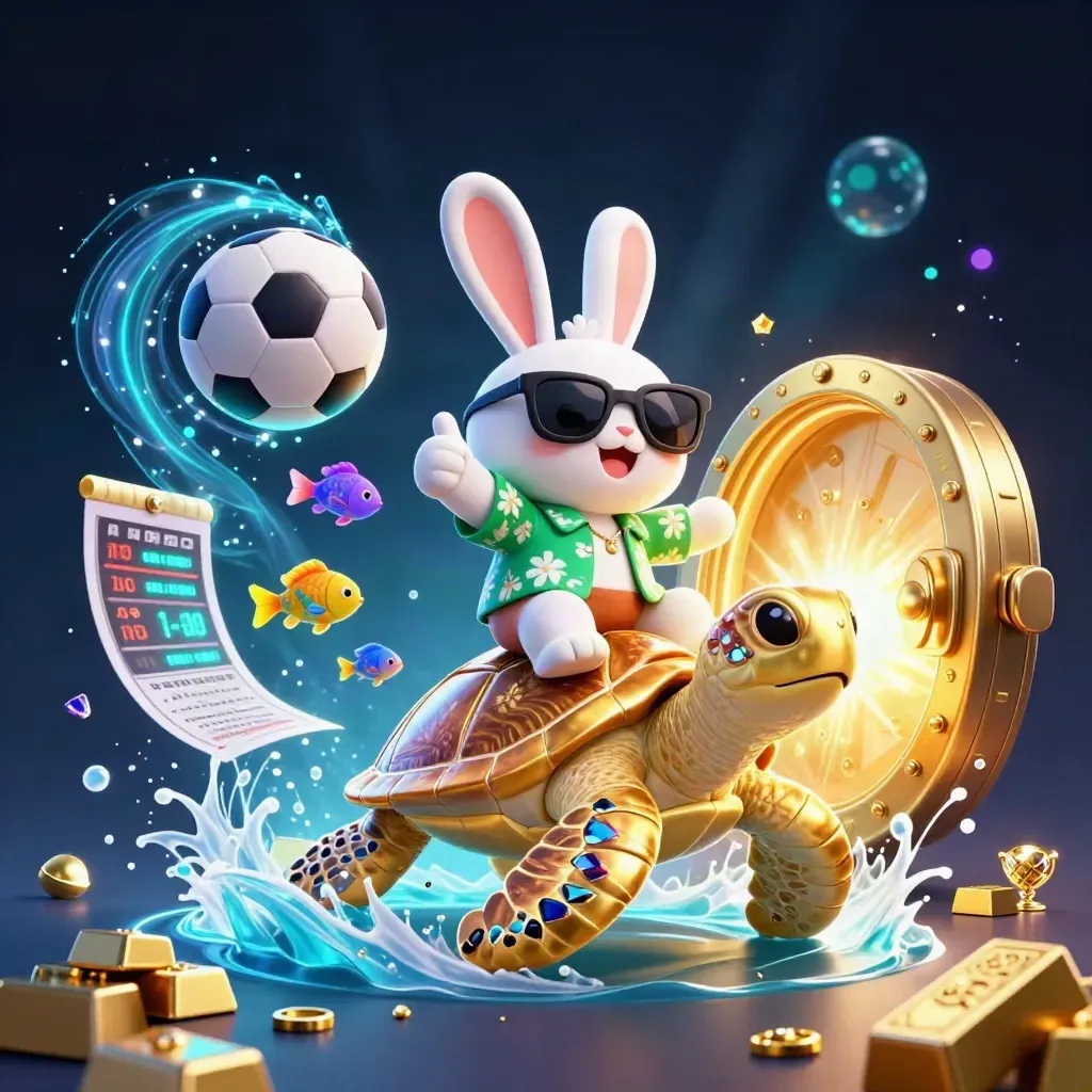 Rabbit on jeweled sea turtle amid gold vault, sports balls, gems, and neon bubbles.