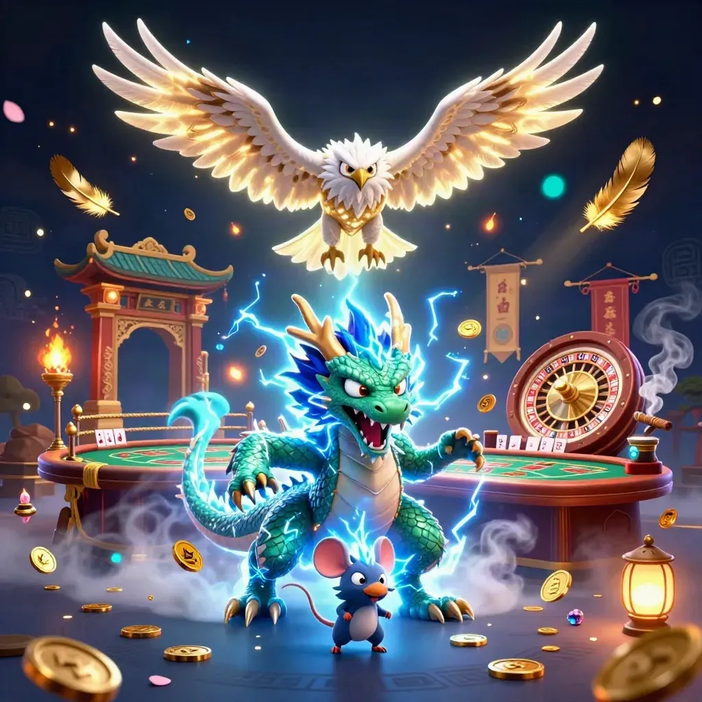 Thunder dragon, wind hawk and static mouse in a luxe casino room with gold, fog and lightning