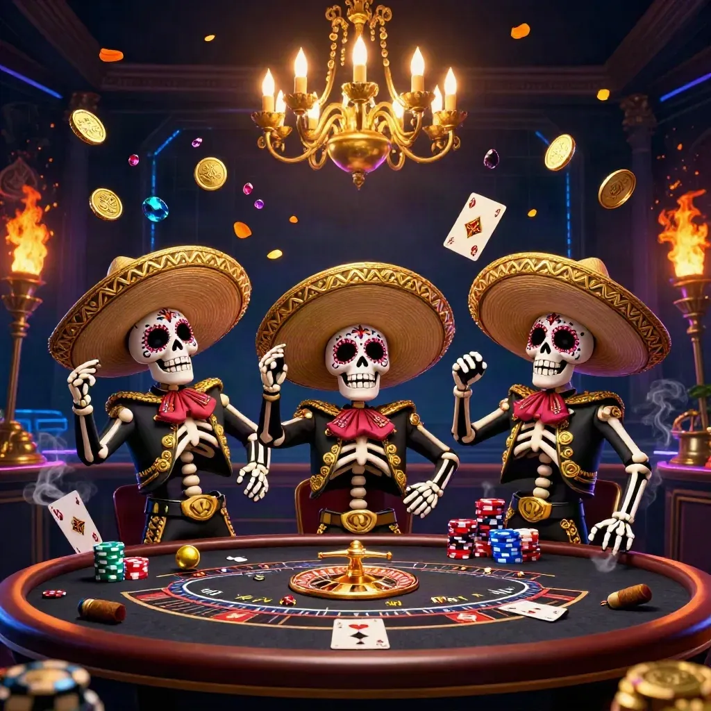 Day-of-the-Dead skeleton mariachi trio in a neon casino with coins, gems, roulette, cards, and chips