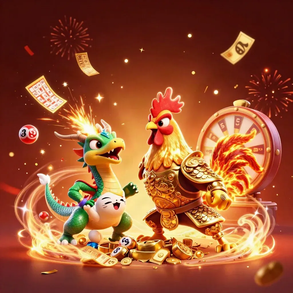 Rooster warrior, dragon hatchling, and fortune cat amid gold sparks and casino loot.