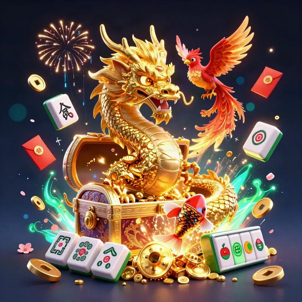 Golden dragon with phoenix and koi amid bursting casino treasures on a dark neon background