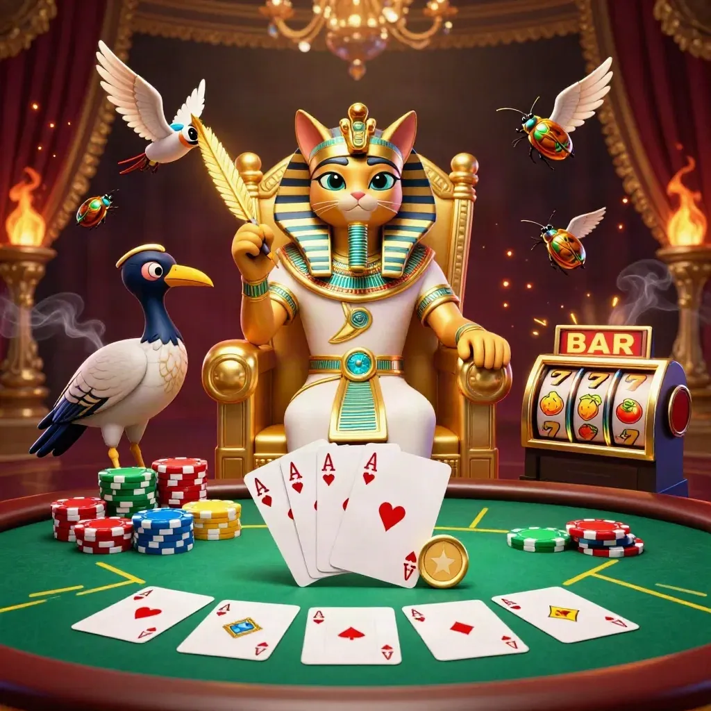 Pharaoh cat, ibis scribe, and scarabs amid poker chips and glowing casino effects.